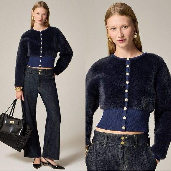 NWT J CREW Fitted-waist cardigan in fuzzy yarn in Navy Evening - Picture 1 of 7